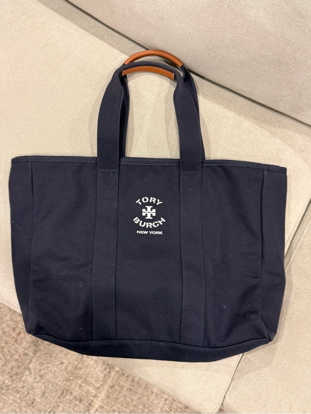 Tory Burch Navy Canvas Tote with Tan Leather-Wrapped Handles